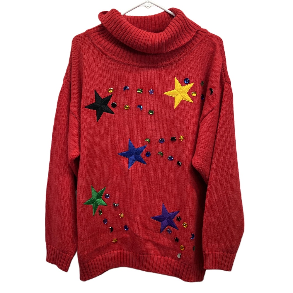 Catalina Red Vintage Bejeweled Embroidered Star Turtleneck Womens Sweater Medium